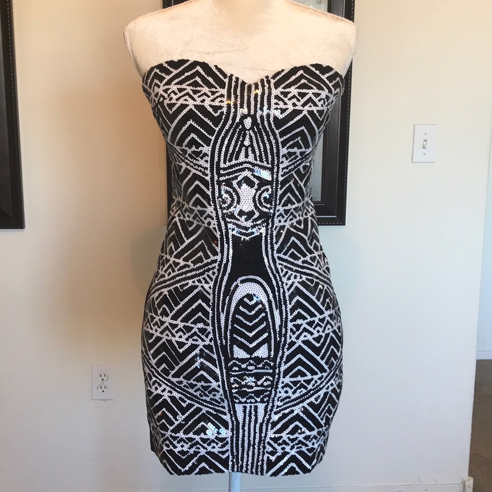 Bebe strapless sequence dress.